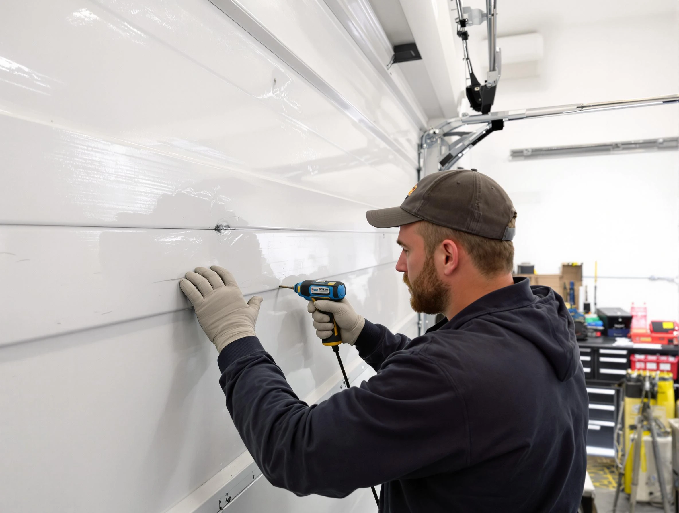 Edina Garage Door Repair technician demonstrating precision dent removal techniques on a Edina garage door