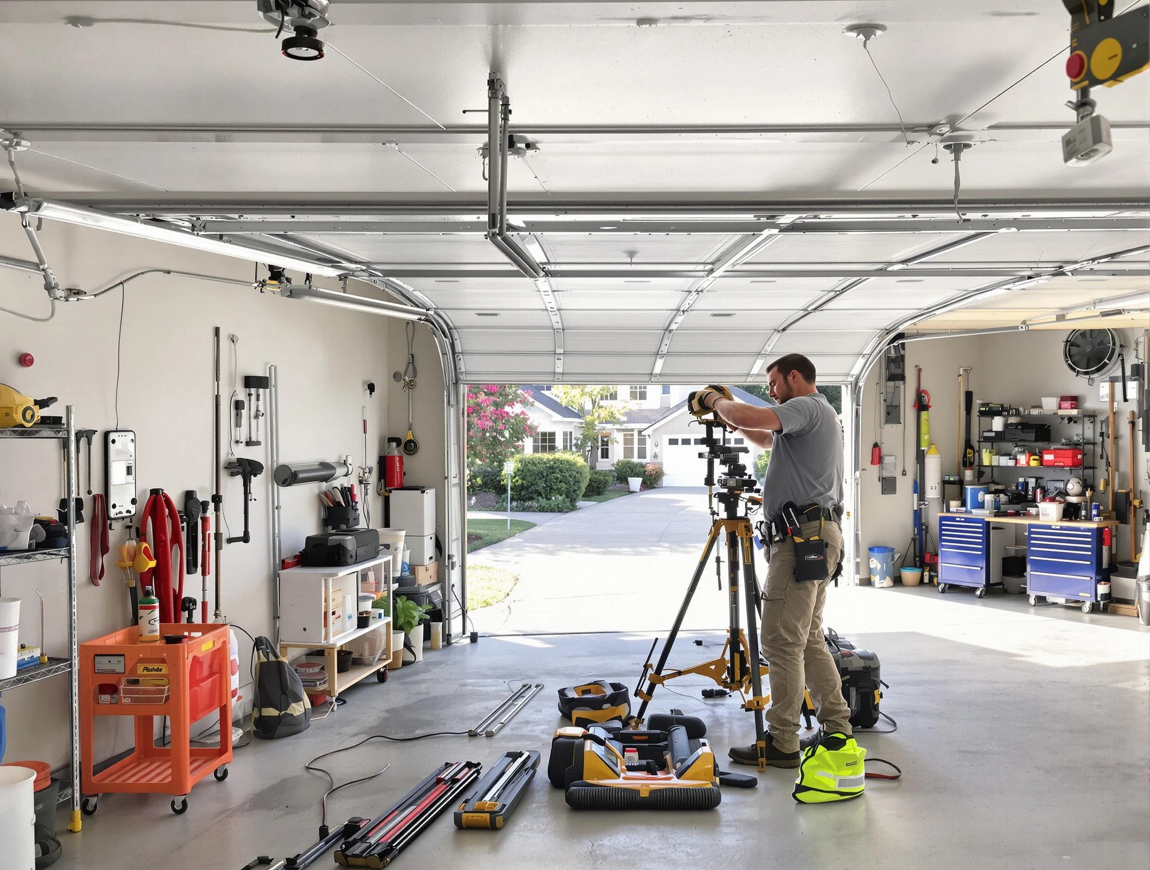 Edina Garage Door Repair specialist performing laser-guided track alignment in Edina